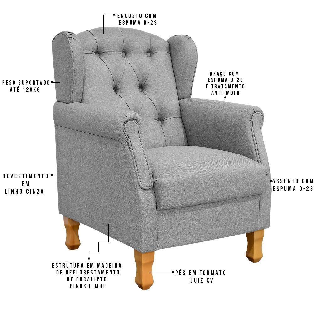 Poltrona Com Puff Paris Luis Xv L02 Linho Cinza Escuro - 6