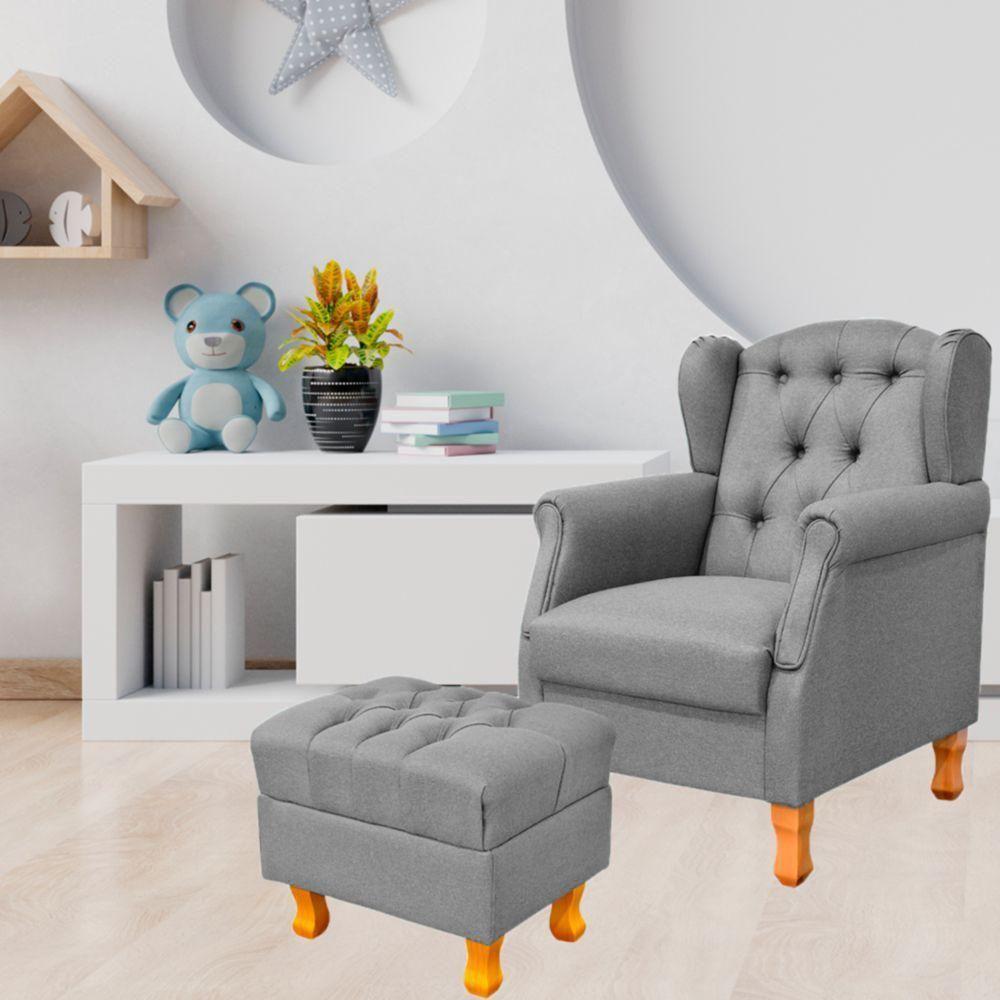 Poltrona Com Puff Paris Luis Xv L02 Linho Cinza Escuro - 9