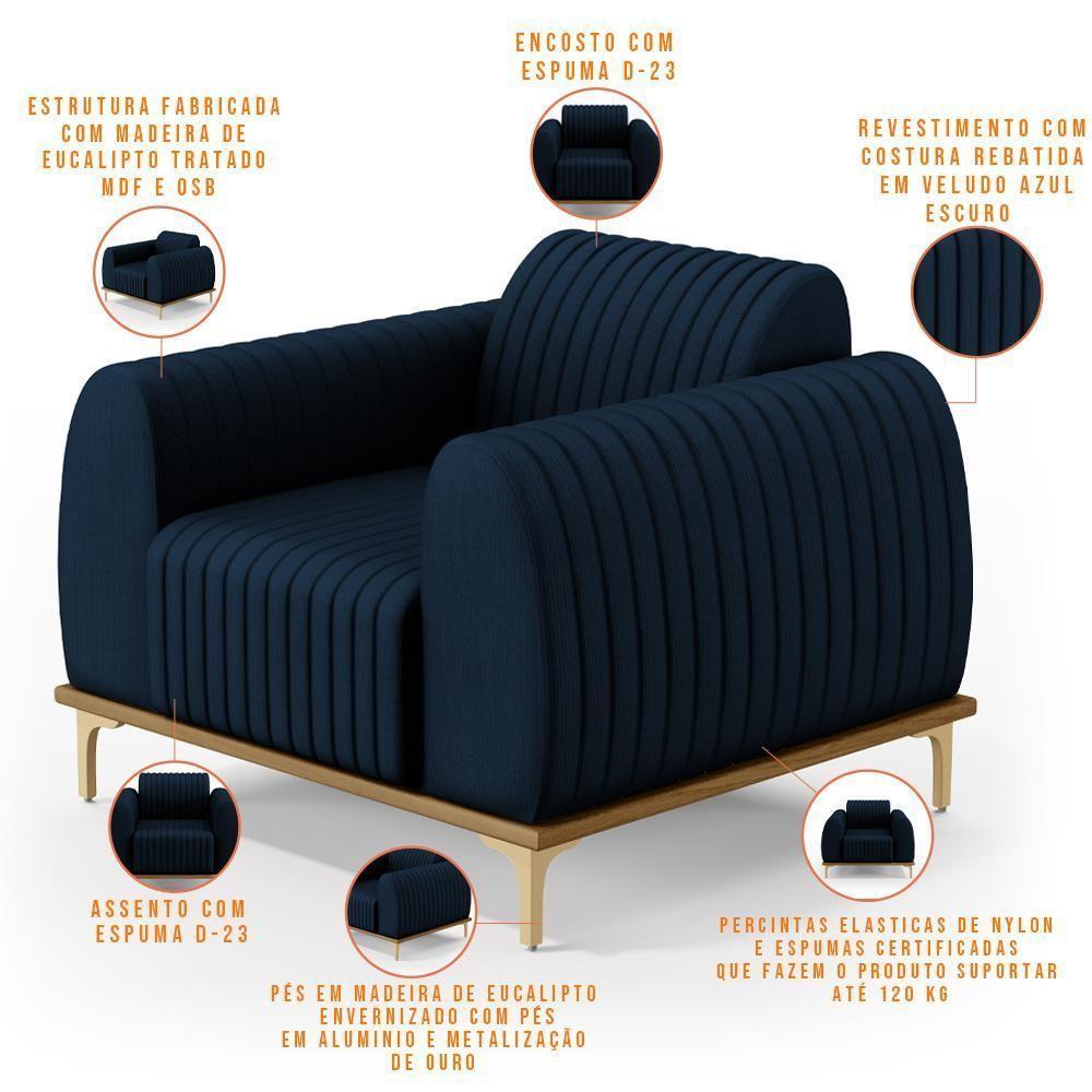 Poltrona Com Pés D'Ouro Molino D02 Veludo Azul Oxford C-304 - 5