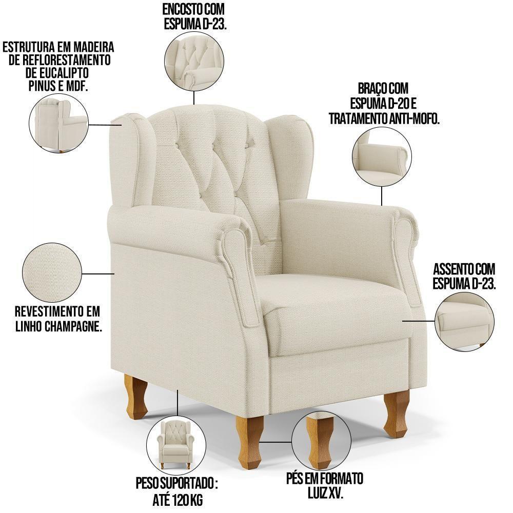 Poltrona Com Puff Paris Luis Xv L02 Linho Champagne - 6