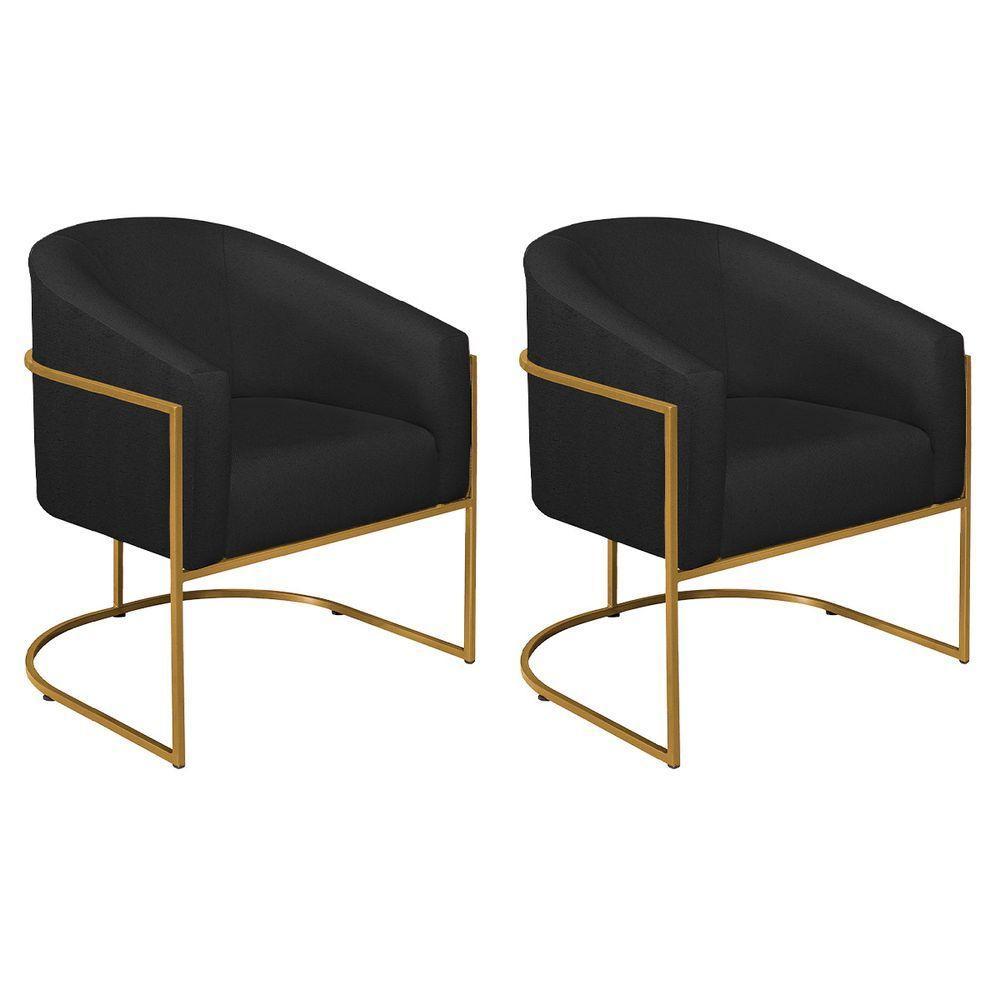 Kit 02 Poltronas Decorativas Luiza Base De Ferro Dourado Suede - Amarena Móveis Preto - 1