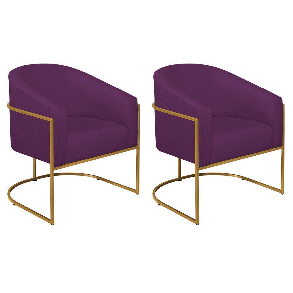 Kit 02 Poltronas Decorativas Luiza Base De Ferro Dourado Suede - Amarena Móveis Roxo - 1