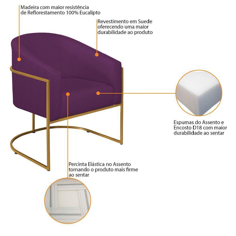 Kit 02 Poltronas Decorativas Luiza Base De Ferro Dourado Suede - Amarena Móveis Roxo - 5