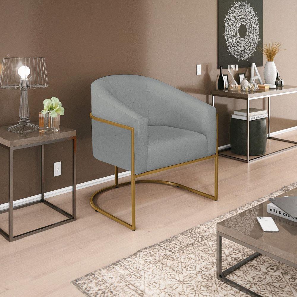 Kit 02 Poltronas Decorativas Luiza Base De Ferro Dourado Suede - Amarena Móveis Cinza - 7