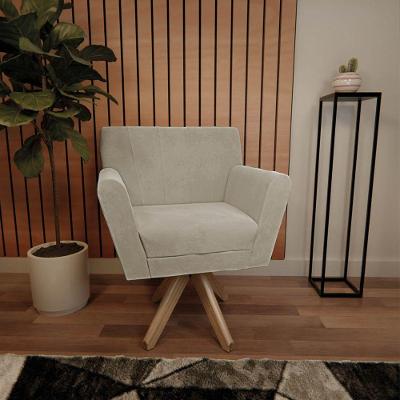 Poltrona Laura Base Giratória De Madeira Linho - Doce Sonho Móveis Bege