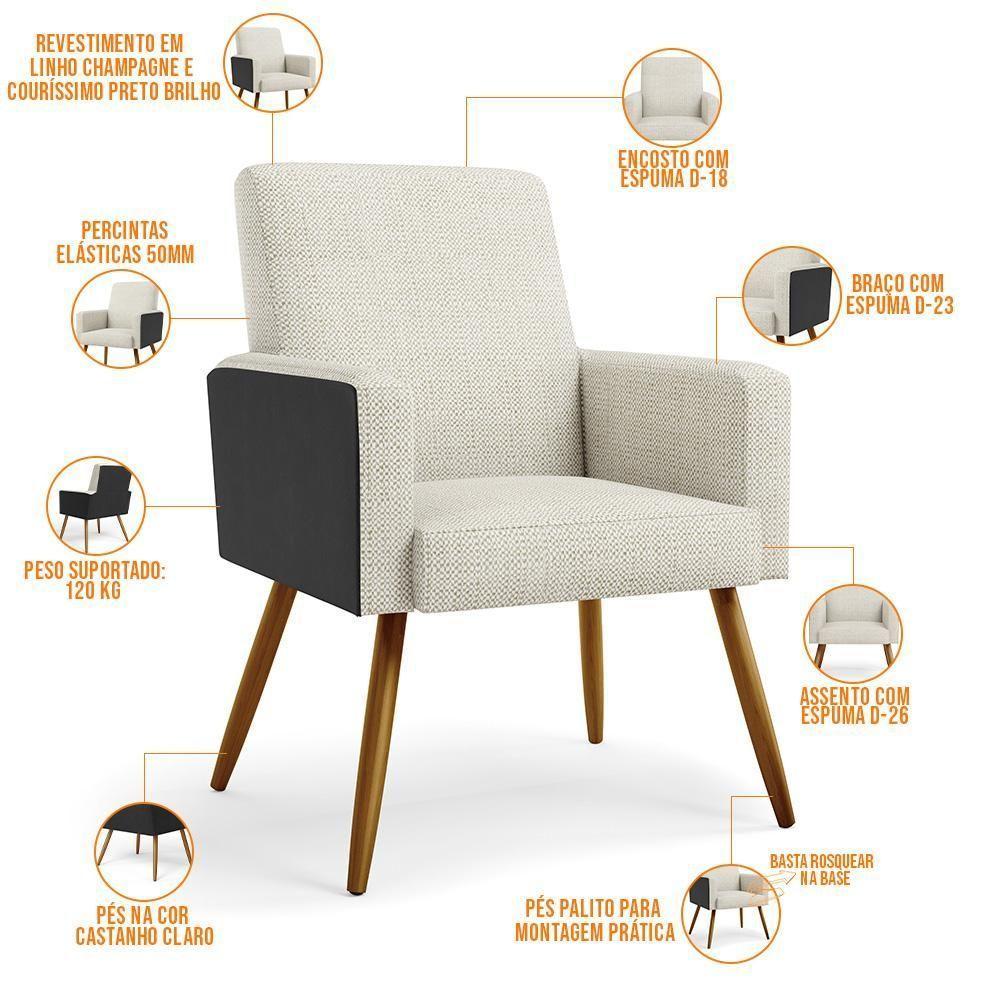 Poltrona Pés Palito Linho Champagne Couríssimo Preto - 5