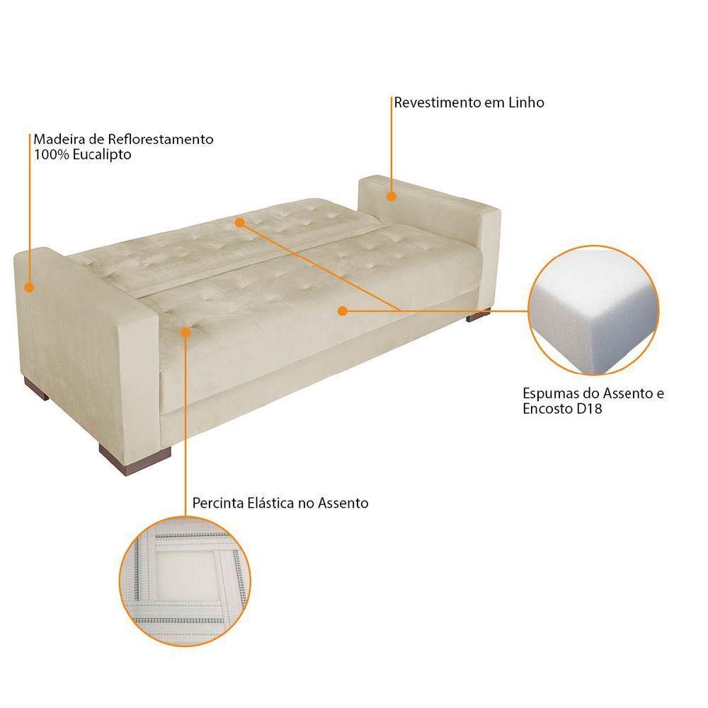 Sofá Cama 3 Lugares Jobim Linho - Doce Sonho Móveis Bege - 6