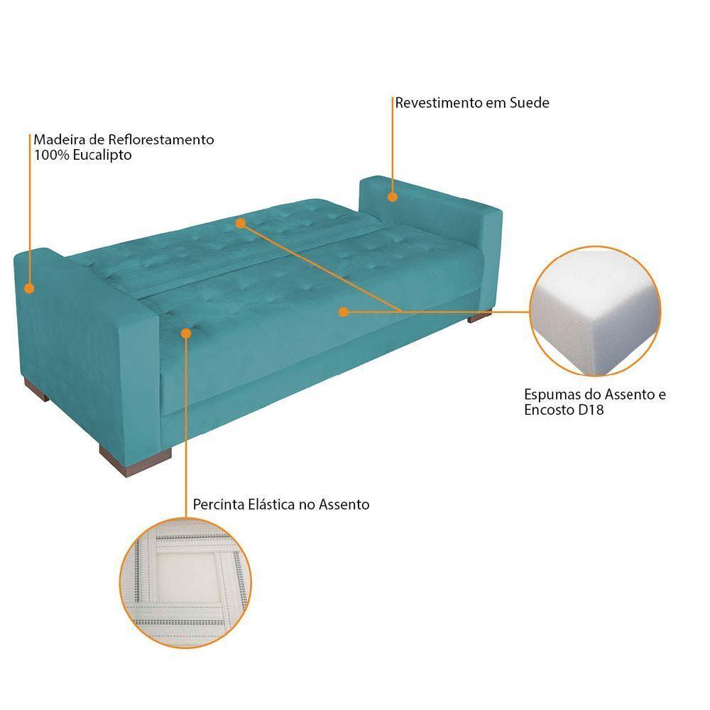 Sofá Cama 3 Lugares Jobim Suede - Doce Sonho Móveis Azul Turquesa - 6