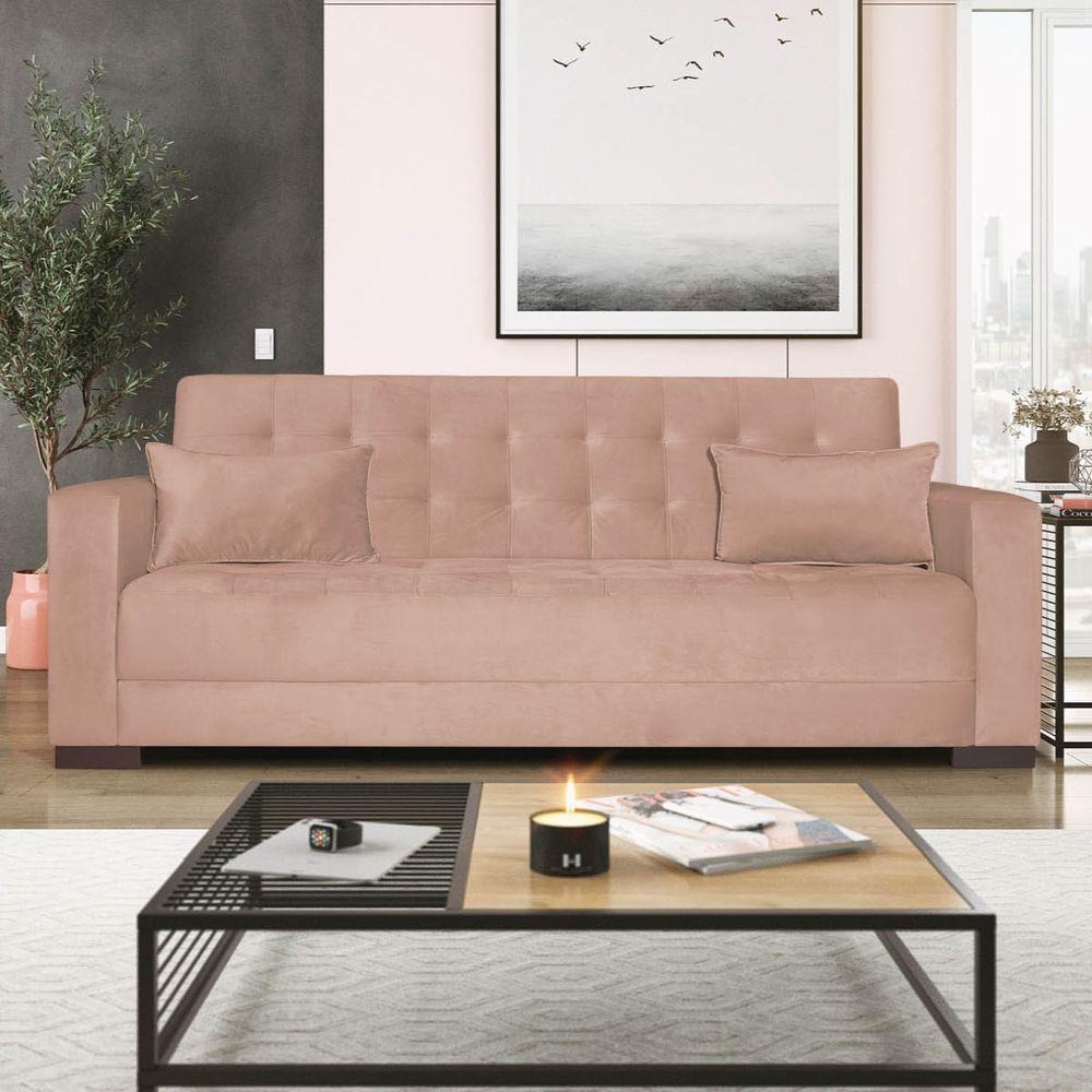 Sofá Cama 3 Lugares Jobim Suede - Doce Sonho Móveis Rosê - 1