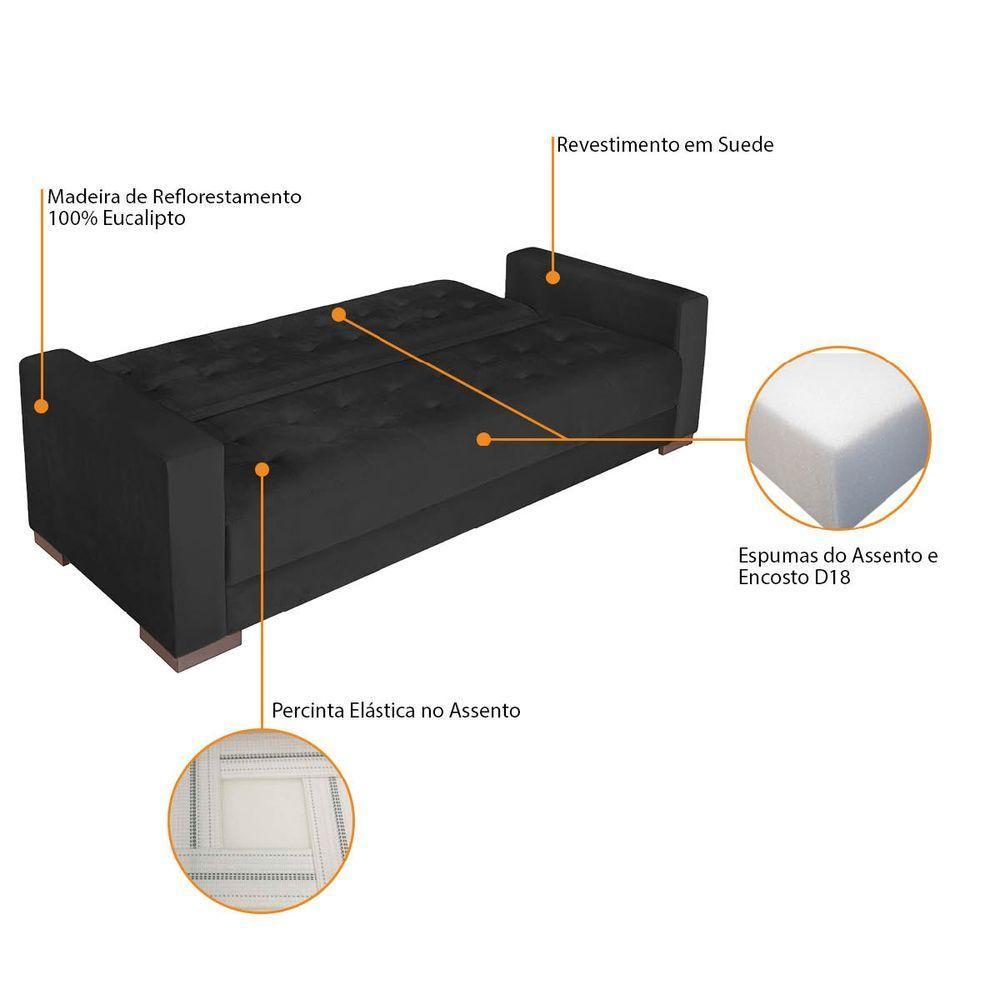 Sofá Cama 3 Lugares Jobim Suede - Doce Sonho Móveis Preto - 6