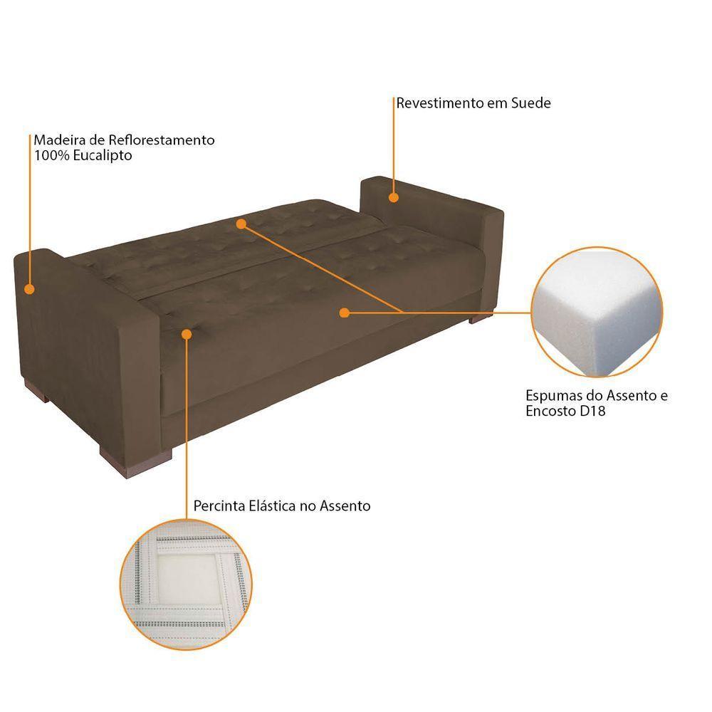 Sofá Cama 3 Lugares Jobim Suede - Doce Sonho Móveis Marrom - 6