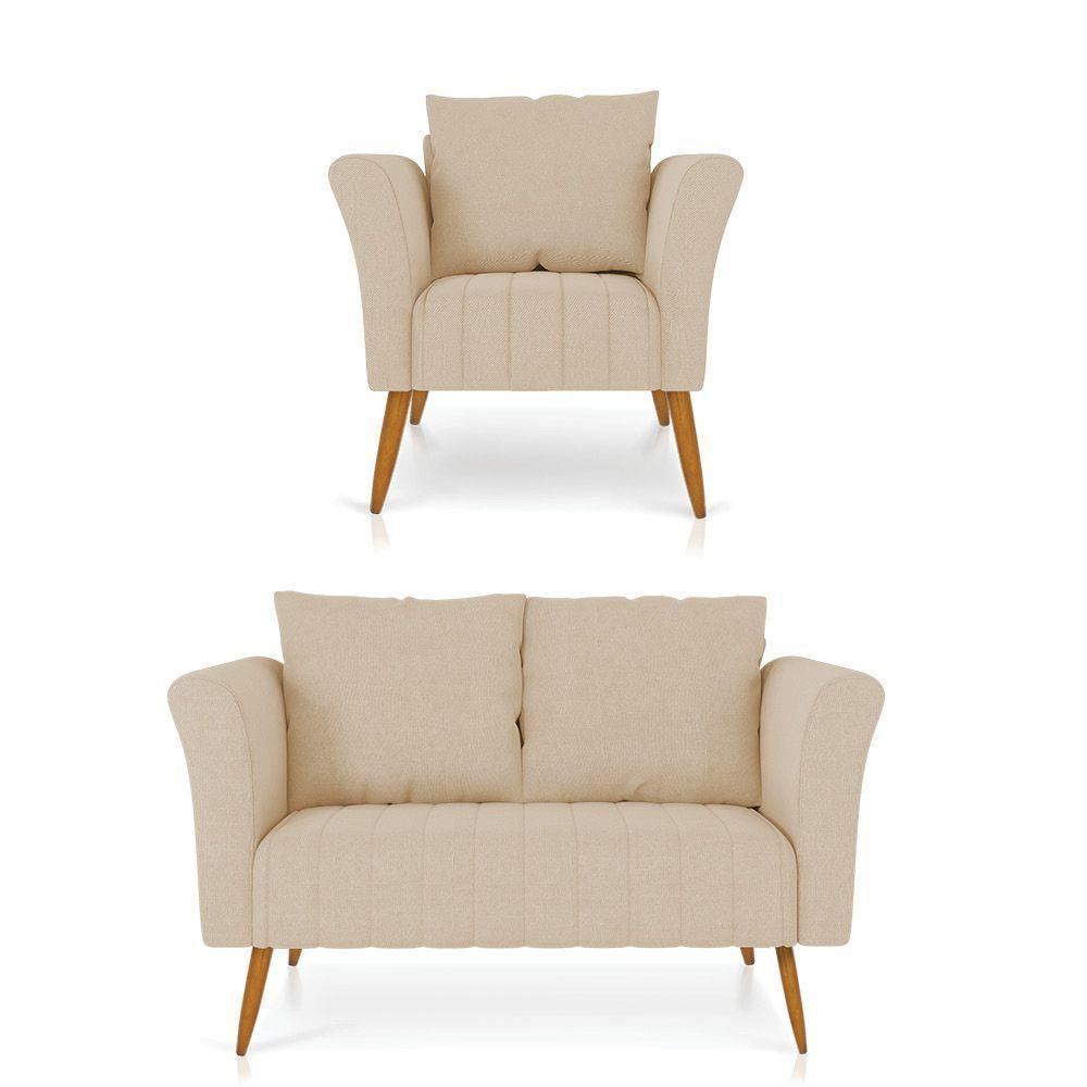 Kit 01 Namoradeira 02 Lugares E 01 Poltrona Marilia Linho Grosso Bege A19 Pés Palito Castanho - D'rossi - 1