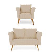 Kit 01 Namoradeira 02 Lugares E 01 Poltrona Marilia Linho Grosso Bege A19 Pés Palito Castanho - D'rossi - 1