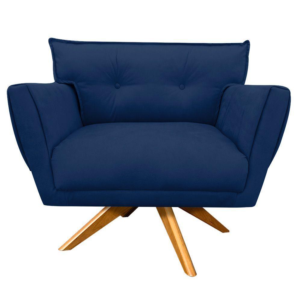 Kit 02 Poltronas Giratória Suede Base Madeira Azul Marinho - 5