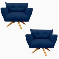 Kit 02 Poltronas Giratória Suede Base Madeira Azul Marinho - 1