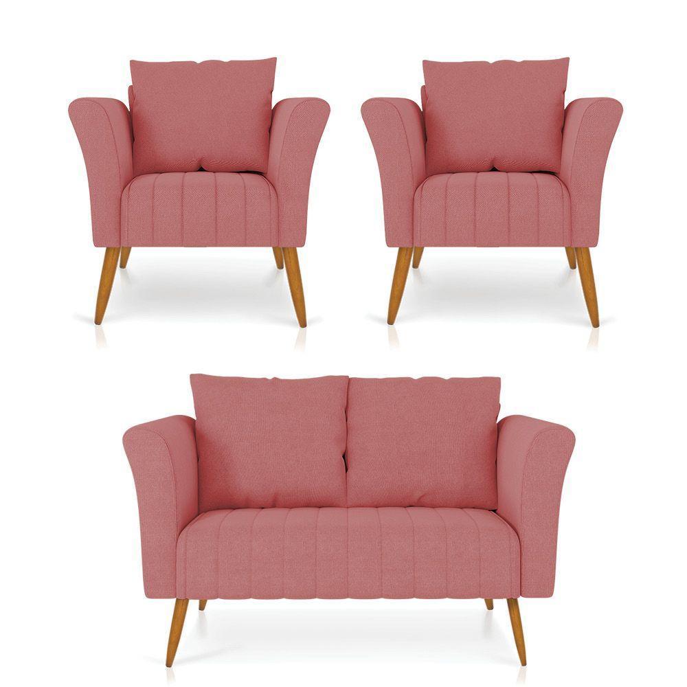 Kit 01 Namoradeira 02 Lugares E 02 Poltronas Marilia Linho Whiski A106 Rose Pés Palito Castanho - D'rossi - 1