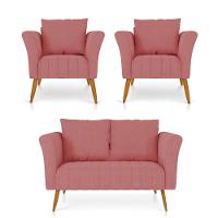 Kit 01 Namoradeira 02 Lugares E 02 Poltronas Marilia Linho Whiski A106 Rose Pés Palito Castanho - D'rossi - 1