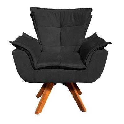 Poltrona Giratória Opala Suede Preto Base Madeira