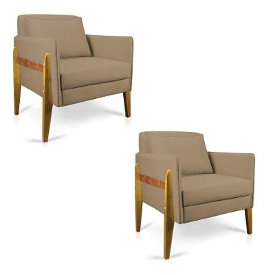 Kit 02 Poltronas Lana Suede Base De Madeira Marrom Rato