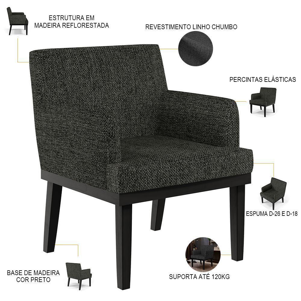 Kit 02 Poltronas Decorativas Sala De Estar Base Preto Beatriz W01 Linho Chumbo - Lyam Decor - 8