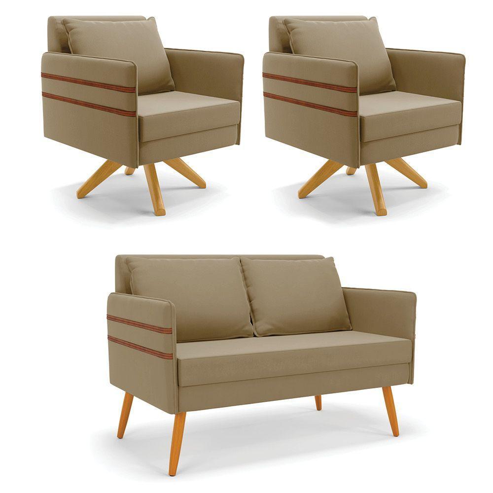 Kit 01 Namoradeira 02 Lugares E 02 Poltronas Mari Suede Marrom Rato Base De Madeira Ma30 - D'Rossi - 1