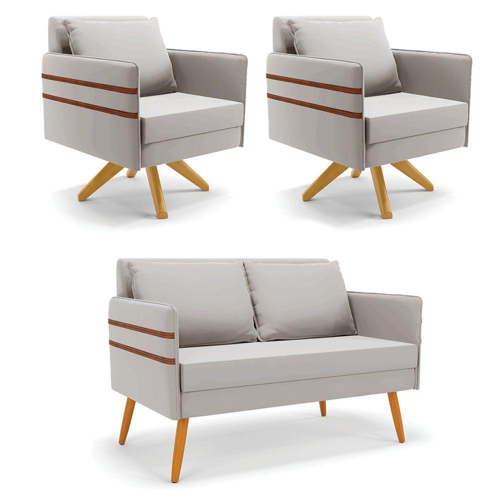 Kit 01 Namoradeira 02 Lugares E 02 Poltronas Mari Veludo Base De Madeira Ma30 - D'Rossi Cinza - 1