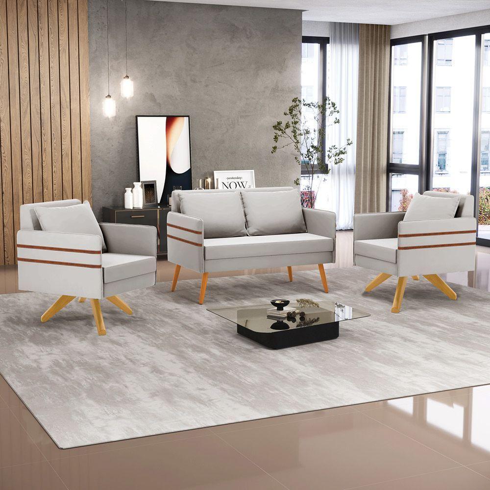 Kit 01 Namoradeira 02 Lugares E 02 Poltronas Mari Veludo Base De Madeira Ma30 - D'Rossi Cinza - 8