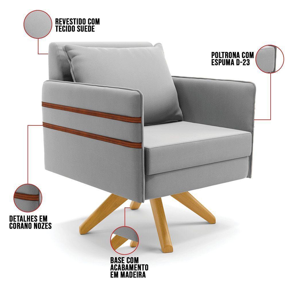Kit 01 Namoradeira 02 Lugares E 02 Poltronas Mari Suede Cinza Base De Madeira Ma30 - D'Rossi - 4
