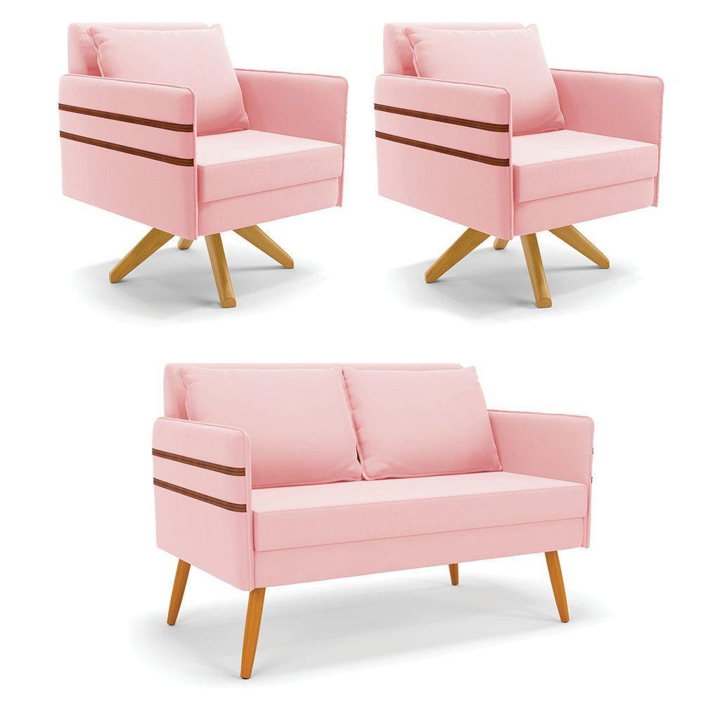 Kit 01 Namoradeira 02 Lugares E 02 Poltronas Mari Suede Base De Madeira Ma30 - D'Rossi Rosa Bebê - 1