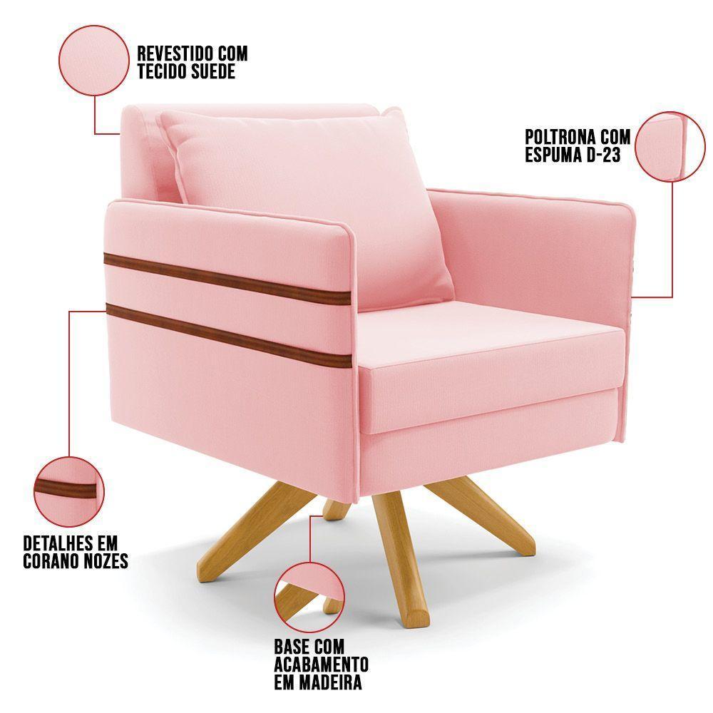 Kit 01 Namoradeira 02 Lugares E 02 Poltronas Mari Suede Base De Madeira Ma30 - D'Rossi Rosa Bebê - 4