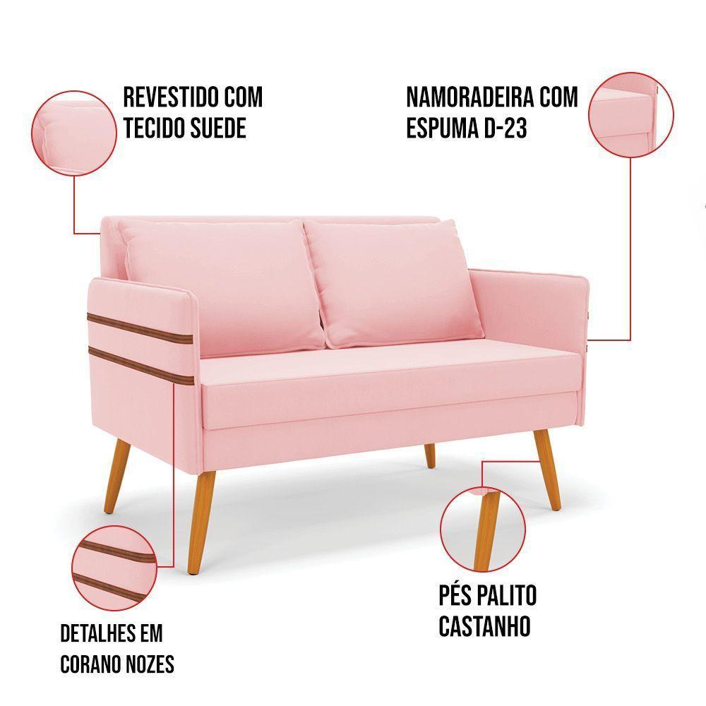 Kit 01 Namoradeira 02 Lugares E 02 Poltronas Mari Suede Base De Madeira Ma30 - D'Rossi Rosa Bebê - 5