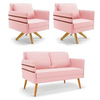 Kit 01 Namoradeira 02 Lugares E 02 Poltronas Mari Suede Base De Madeira Ma30 - D'Rossi Rosa Bebê - 1