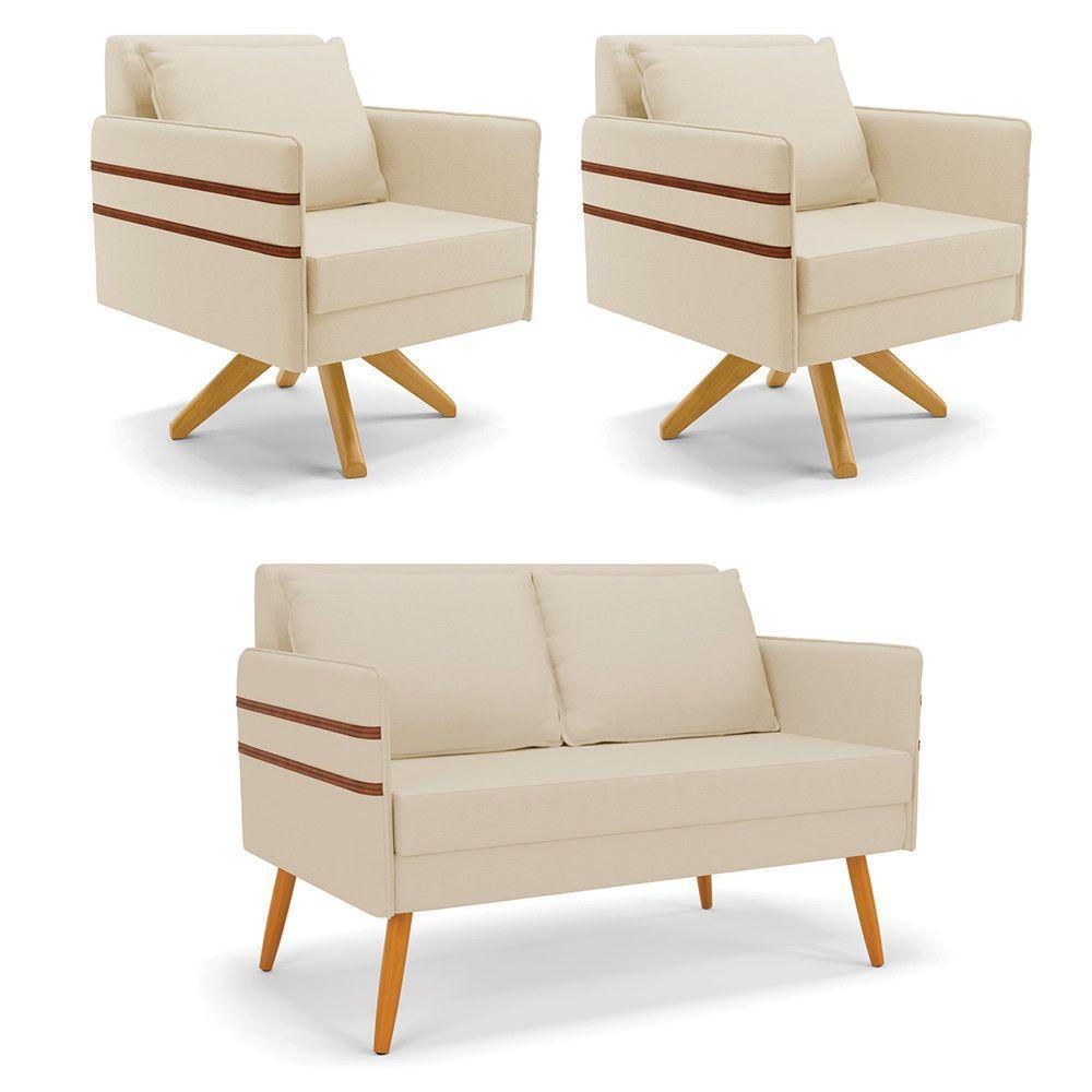 Kit 01 Namoradeira 02 Lugares E 02 Poltronas Mari Linho Base De Madeira Ma30 - D'Rossi A19 Bege - 2