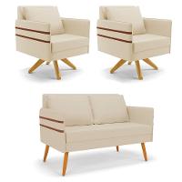 Kit 01 Namoradeira 02 Lugares E 02 Poltronas Mari Linho Base De Madeira Ma30 - D'Rossi A19 Bege - 1