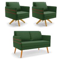 Kit 01 Namoradeira 02 Lugares E 02 Poltronas Mari Suede Base De Madeira Ma30 - D'Rossi Verde - 1