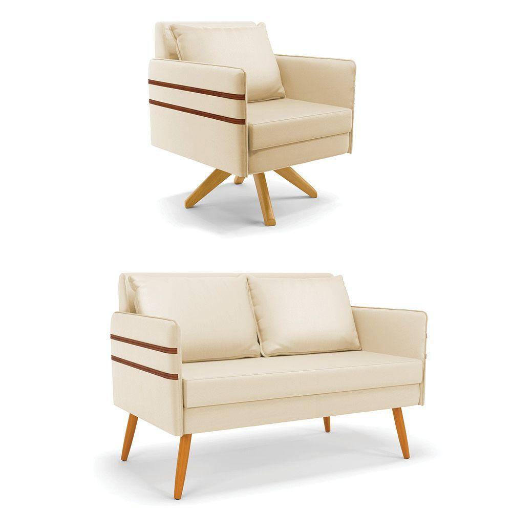 Kit 01 Namoradeira 02 Lugares E 01 Poltrona Mari Corino Base De Madeira Ma30 - D'Rossi Bege - 1