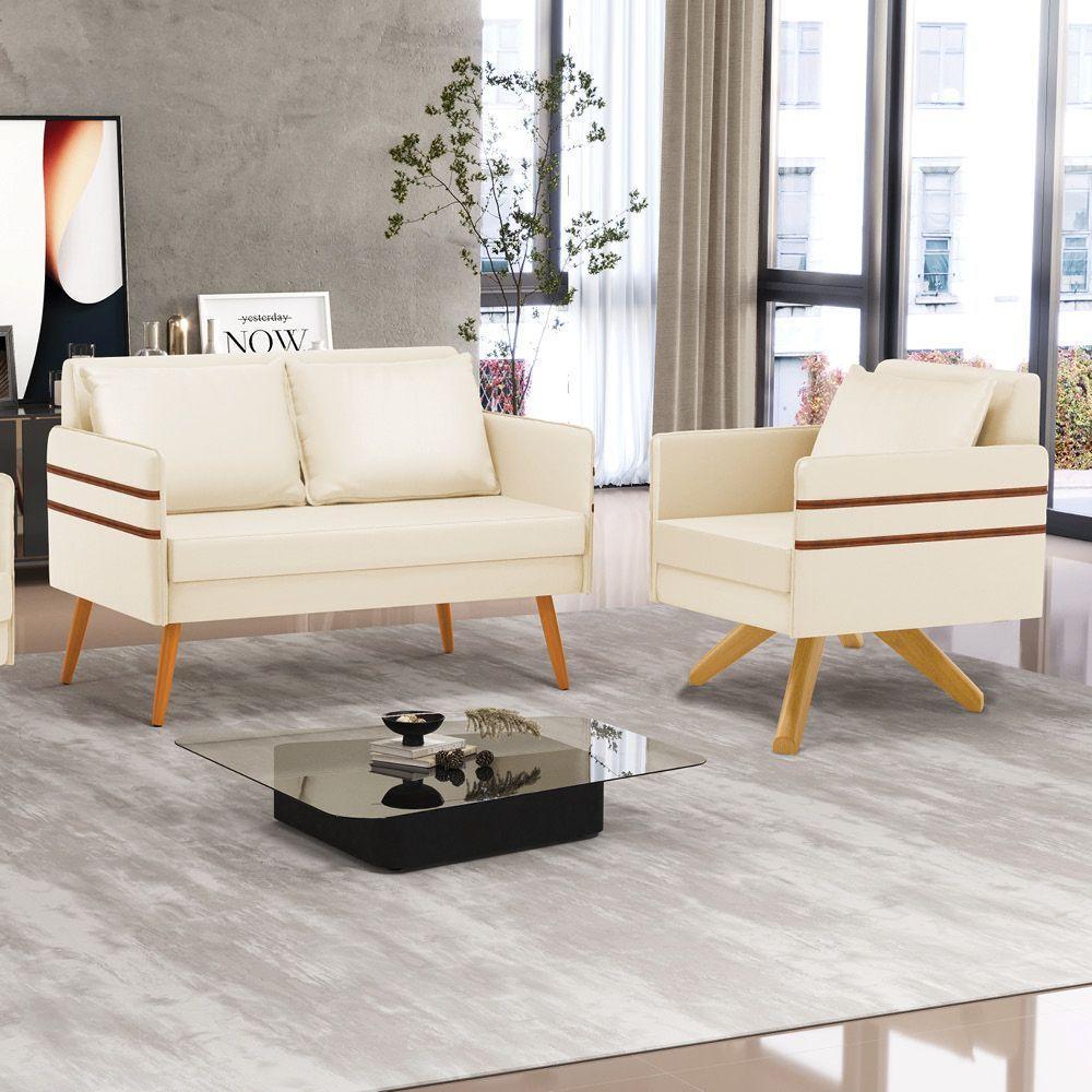 Kit 01 Namoradeira 02 Lugares E 01 Poltrona Mari Corino Base De Madeira Ma30 - D'Rossi Bege - 8