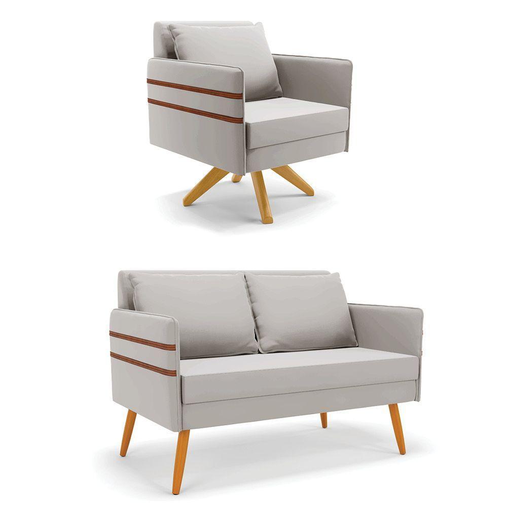 Kit 01 Namoradeira 02 Lugares E 01 Poltrona Mari Veludo Base De Madeira Ma30 - D'Rossi Cinza - 1