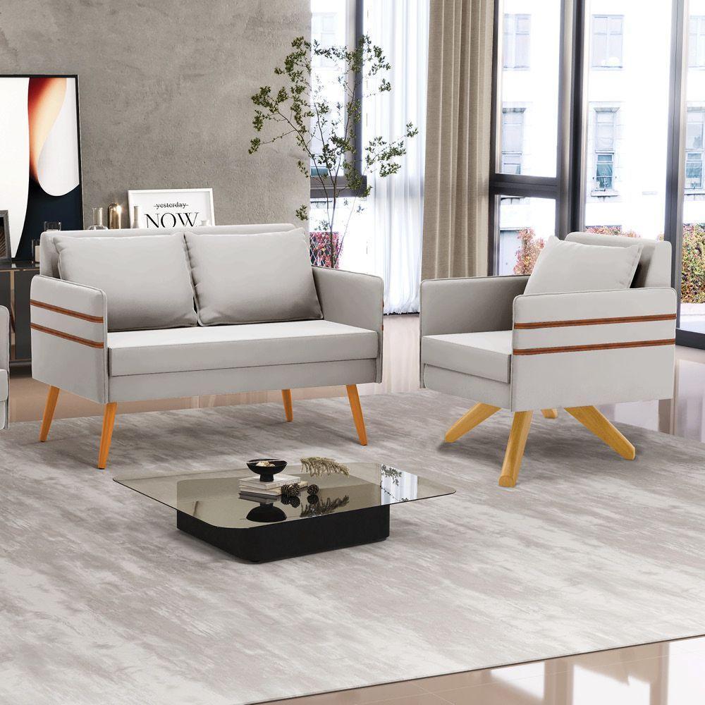 Kit 01 Namoradeira 02 Lugares E 01 Poltrona Mari Veludo Base De Madeira Ma30 - D'Rossi Cinza - 8