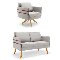 Kit 01 Namoradeira 02 Lugares E 01 Poltrona Mari Veludo Base De Madeira Ma30 - D'Rossi Cinza - 1