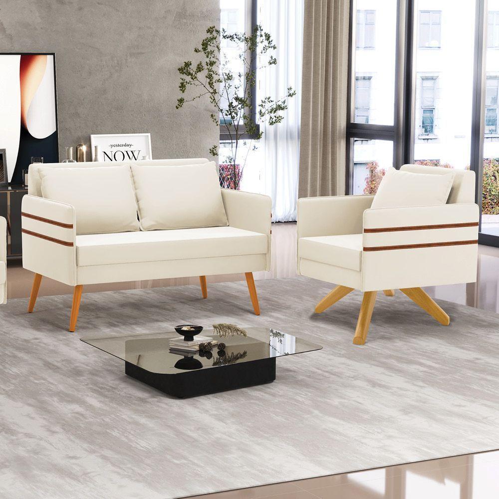 Kit 01 Namoradeira 02 Lugares E 01 Poltrona Mari Veludo Base De Madeira Ma30 - D'Rossi Bege - 9