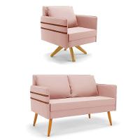 Kit 01 Namoradeira 02 Lugares E 01 Poltrona Mari Veludo Base De Madeira Ma30 - D'Rossi Rose - 1