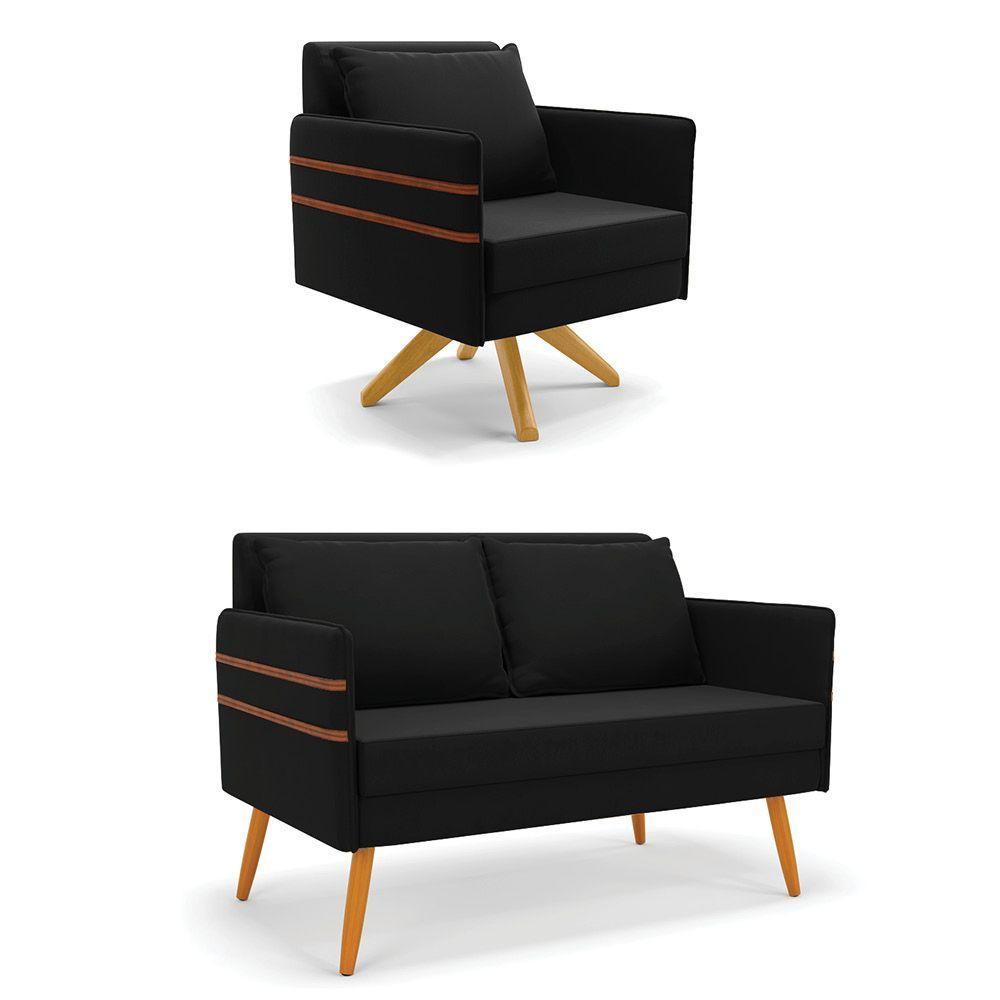 Kit 01 Namoradeira 02 Lugares E 01 Poltrona Mari Suede Preto Base De Madeira Ma30 - D'Rossi - 1