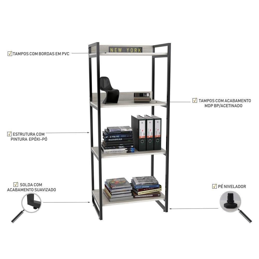 Estante Livreiro Multiuso Prisma Estilo Industrial 60cm 4 Prateleiras C08 Snow - Mpozenato - 4