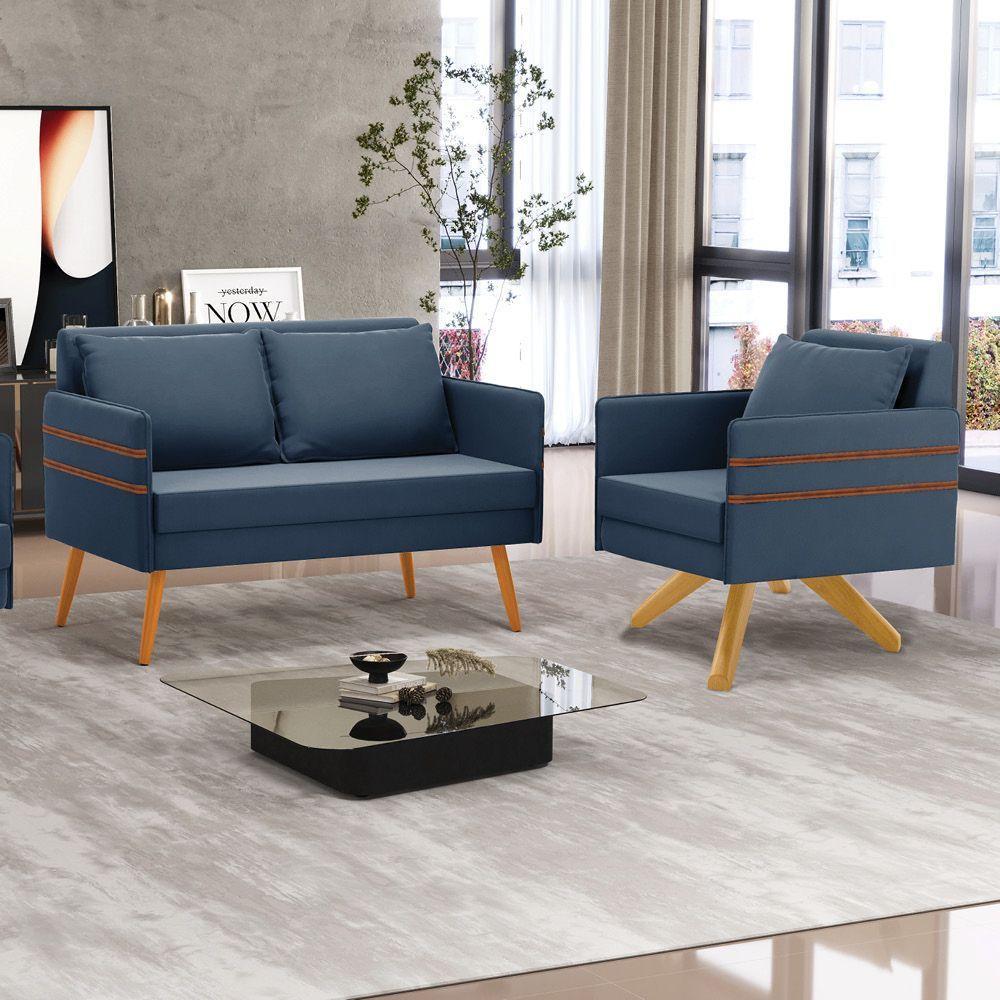 Kit 01 Namoradeira 02 Lugares E 01 Poltrona Mari Suede Azul Marinho Base De Madeira Ma30 - D'Rossi - 8