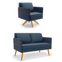 Kit 01 Namoradeira 02 Lugares E 01 Poltrona Mari Suede Azul Marinho Base De Madeira Ma30 - D'Rossi - 1