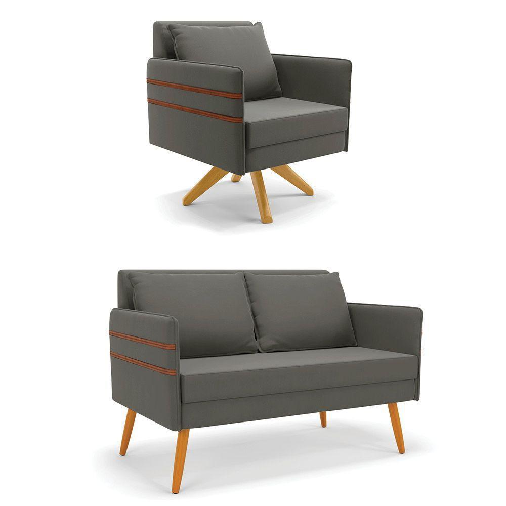 Kit 01 Namoradeira 02 Lugares E 01 Poltrona Mari Suede Grafite Base De Madeira Ma30 - D'Rossi - 1