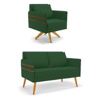 Kit 01 Namoradeira 02 Lugares E 01 Poltrona Mari Veludo Verde Base De Madeira Ma30 - D'Rossi - 1