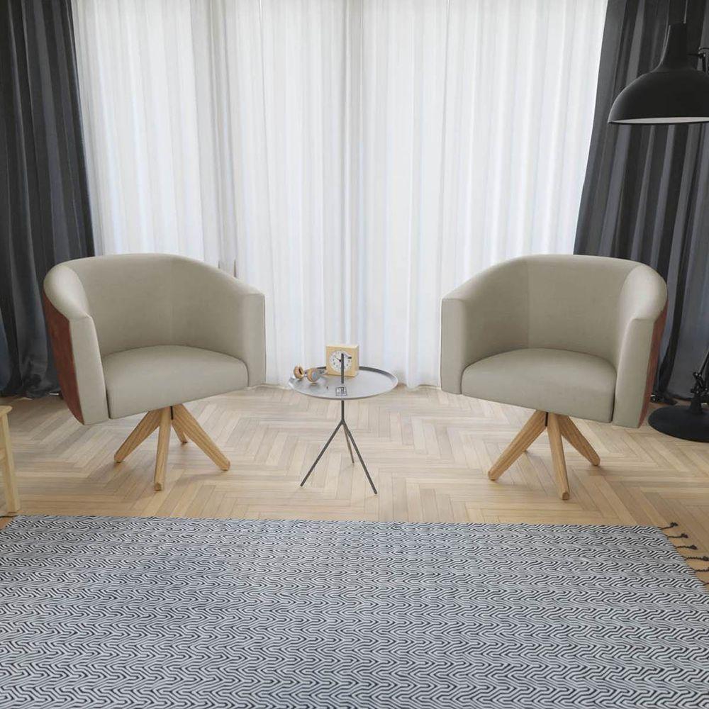 Kit 02 Poltronas Base Giratória De Madeira Nozes Bege - 1