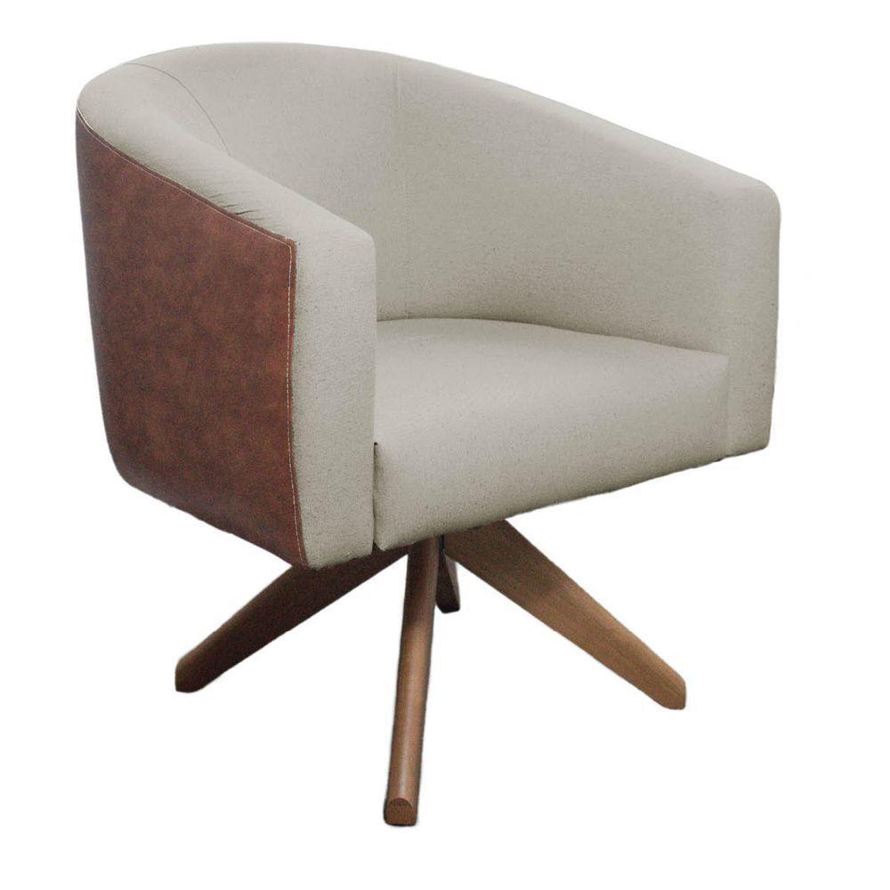 Kit 02 Poltronas Base Giratória De Madeira Nozes Bege - 6